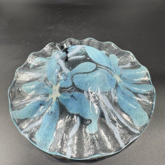 Sydenstricker Bowl Dish Fused Art Glass Ruffled Bowl Clear Blue Flowers Signed - Picture 9 of 15